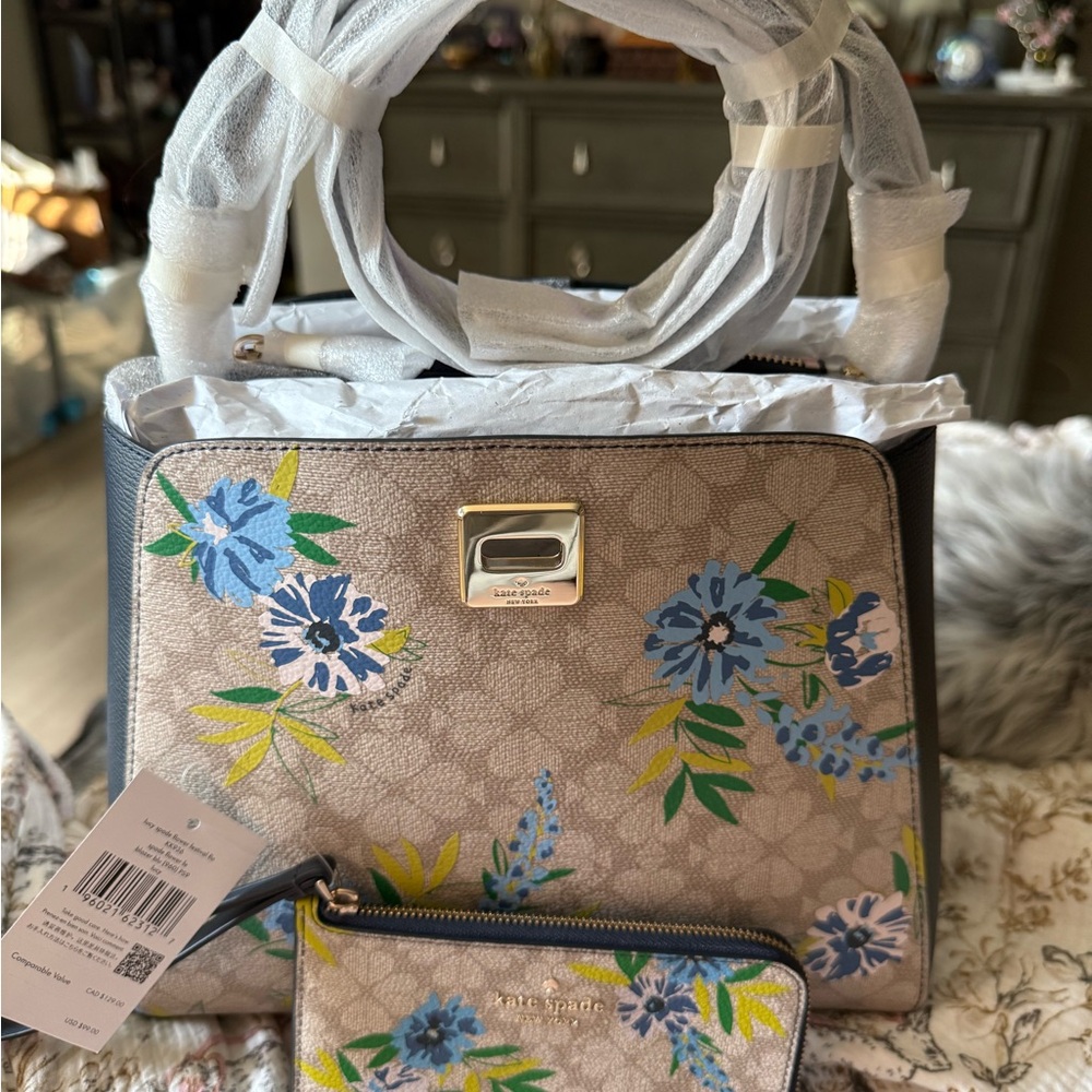 Kate Spade Beige and Blue Floral Satchel with slim L wallet